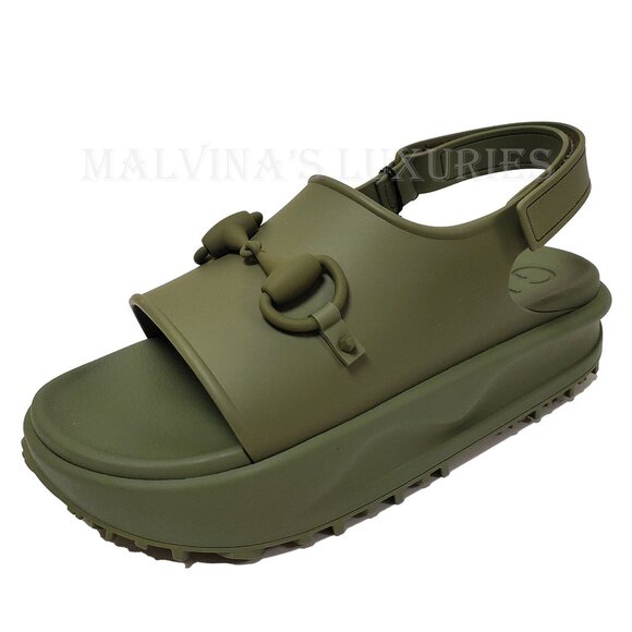 GUCCI SHOES MEN GREEN RUBBER HORSEBIT FLATFORM SANDALS sz 11 / 11.5 - Picture 6 of 16